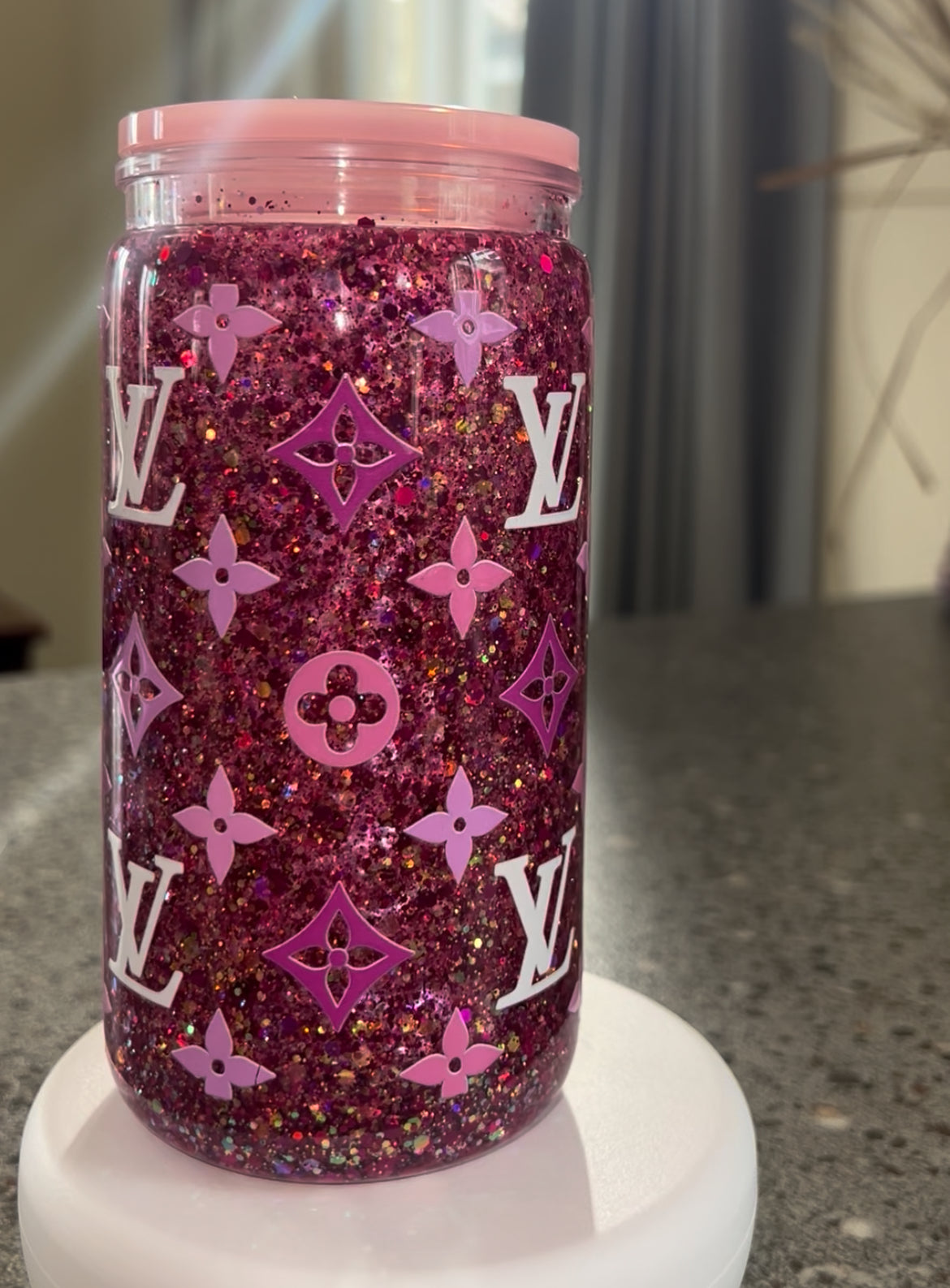 LV Pink Snowglobe Glitter Tumbler Acrylic - 16oz