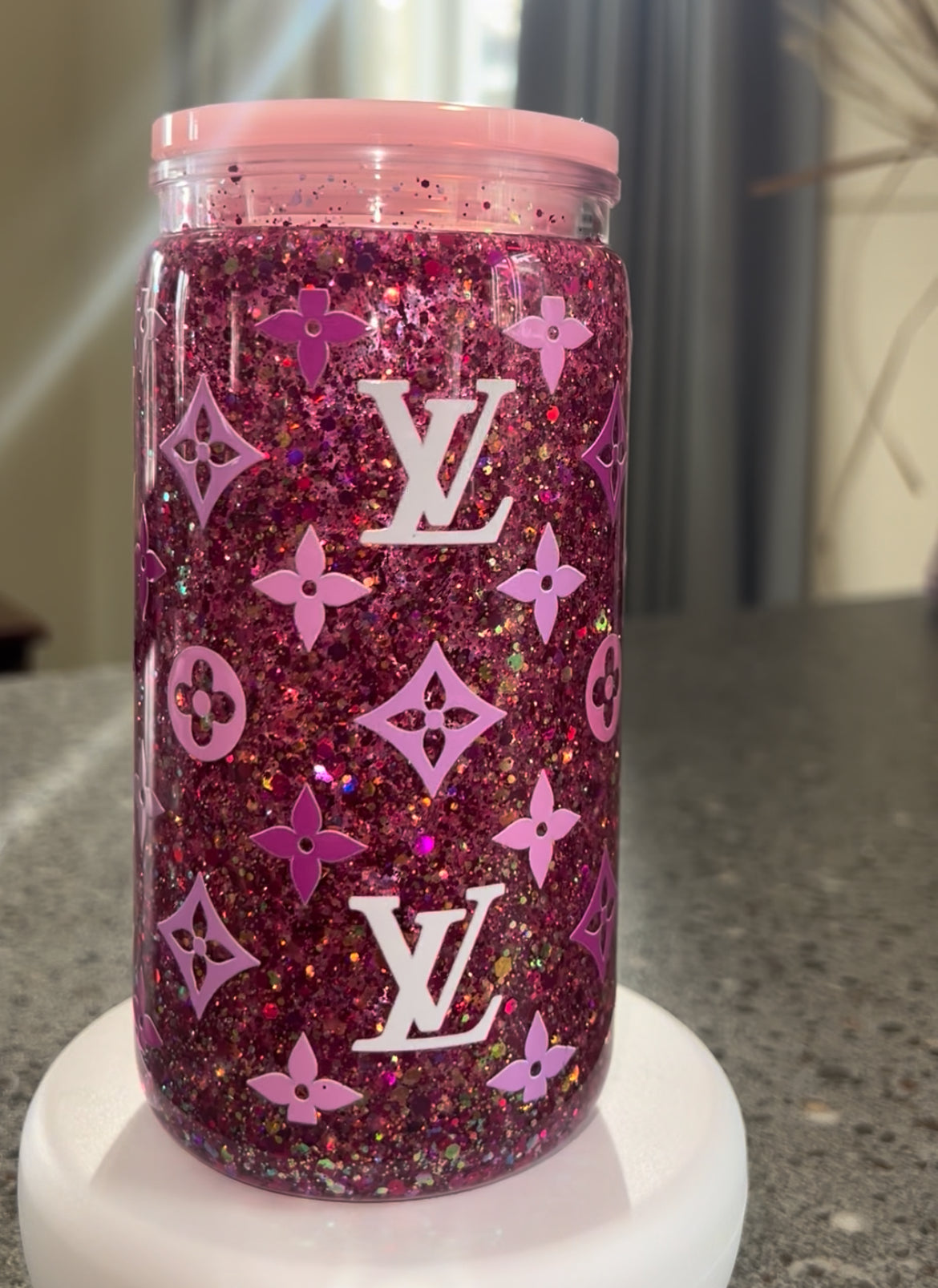 LV Pink Snowglobe Glitter Tumbler Acrylic - 16oz